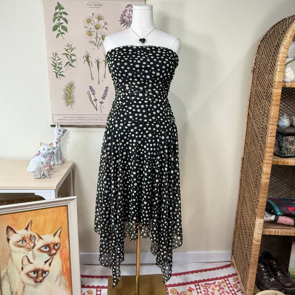 90s Y2k Polka Dot Mesh Asymmetric Strapless Dress Rockabilly Gothabilly Retro 12